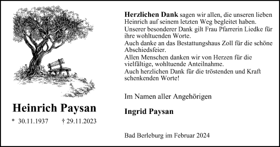 Traueranzeige von Heinrich Paysan von Tageszeitung