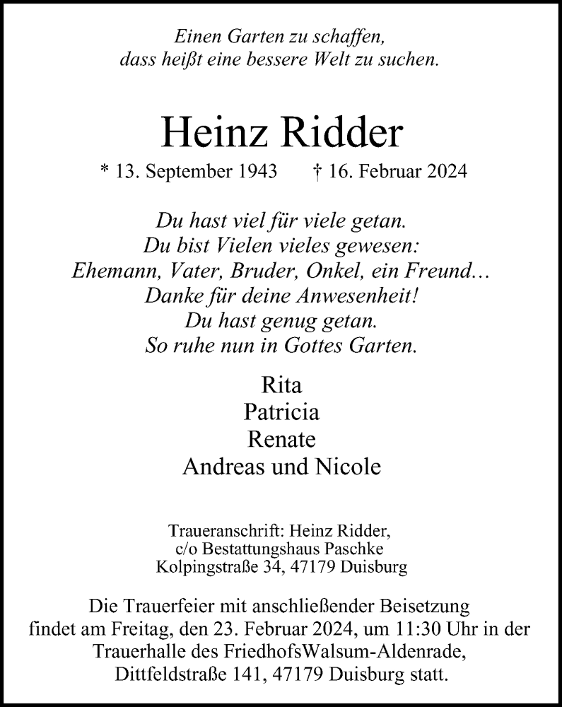  Traueranzeige für Heinz Ridder vom 21.02.2024 aus Tageszeitung