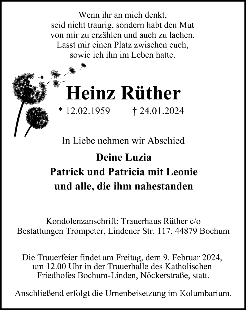  Traueranzeige für Heinz Rüther vom 03.02.2024 aus Tageszeitung
