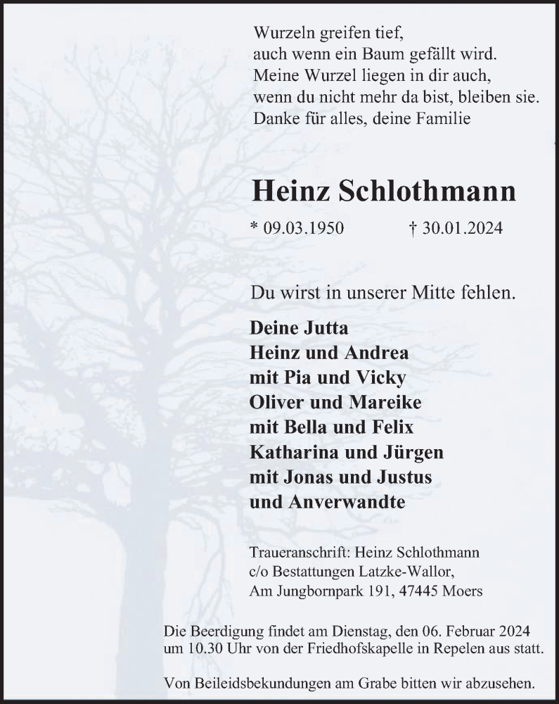  Traueranzeige für Heinz Schlothmann vom 03.02.2024 aus Tageszeitung