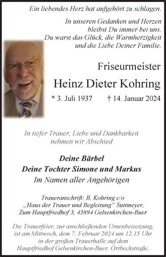 Traueranzeige von Heinz Dieter Kohring von Tageszeitung