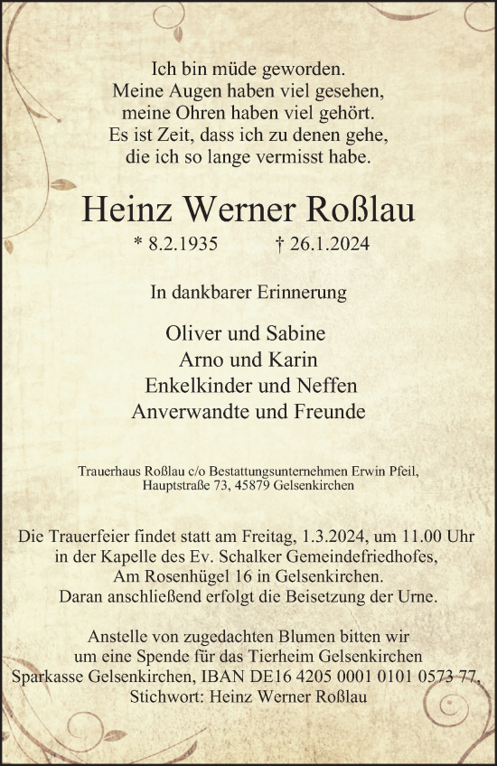 Traueranzeige von Heinz Werner Roßlau von Tageszeitung