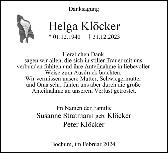 Traueranzeige von Helga Klöcker von Tageszeitung