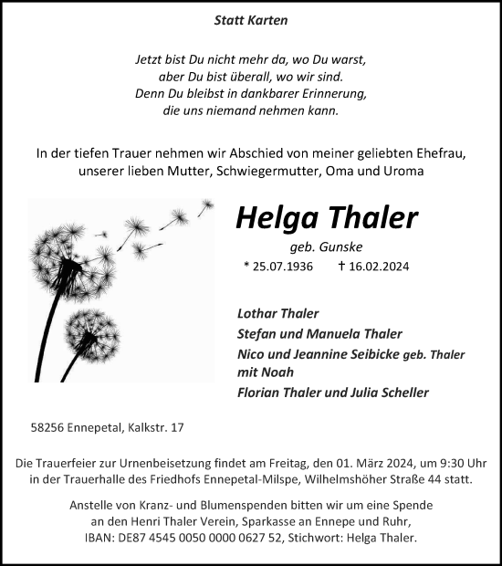 Traueranzeige von Helga Thaler von Tageszeitung
