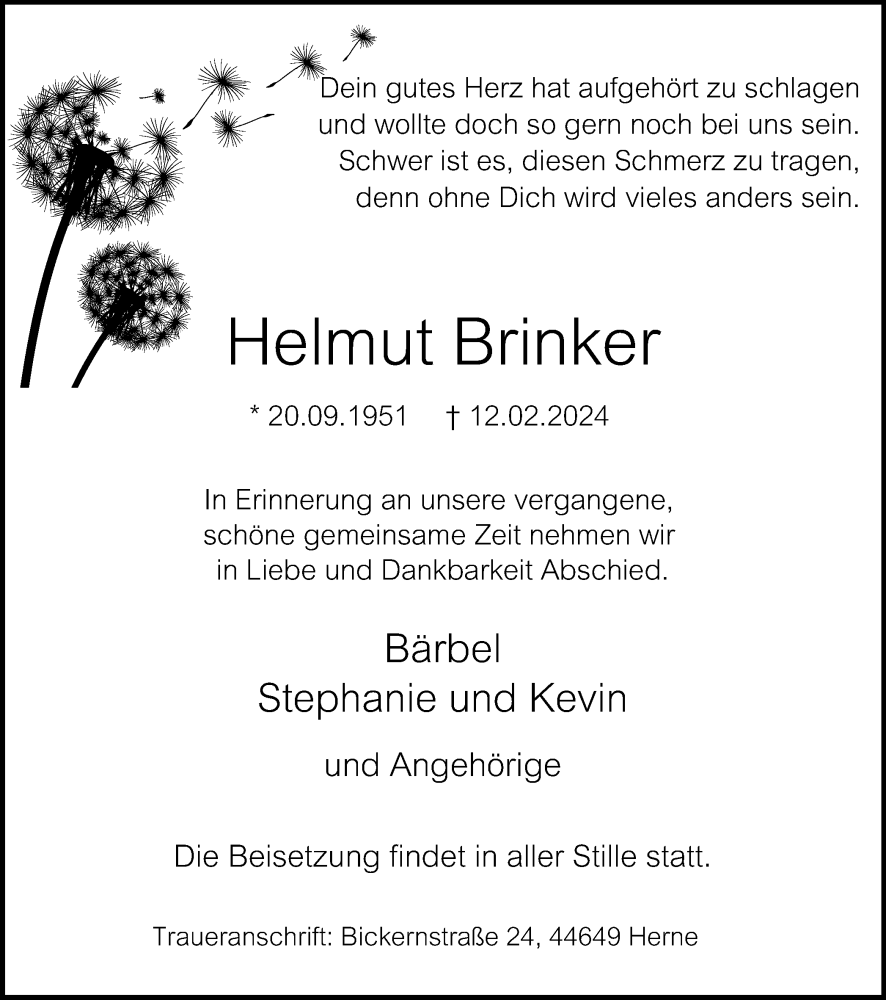  Traueranzeige für Helmut Brinker vom 16.02.2024 aus Tageszeitung