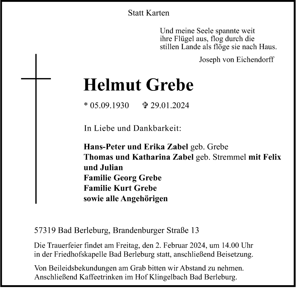 Traueranzeige für Helmut Grebe vom 01.02.2024 aus Tageszeitung