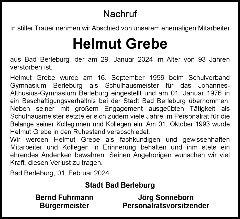  Traueranzeige für Helmut Grebe vom 03.02.2024 aus Tageszeitung
