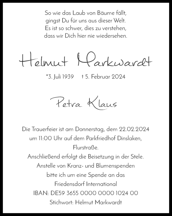Traueranzeige von Helmut Markwardt von Tageszeitung