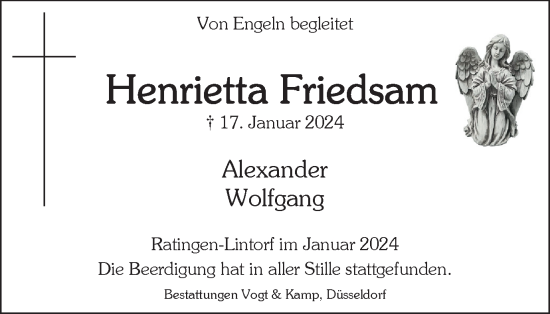 Traueranzeige von Henrietta Friedsam von Tageszeitung