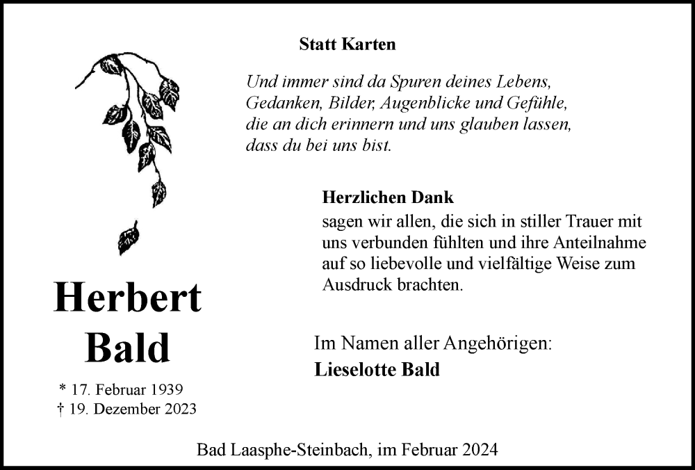  Traueranzeige für Herbert Bald vom 24.02.2024 aus Tageszeitung