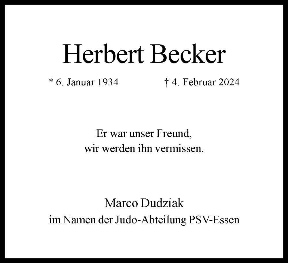  Traueranzeige für Herbert Becker vom 17.02.2024 aus Tageszeitung