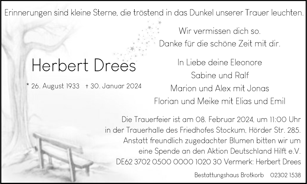 Traueranzeige für Herbert Drees vom 03.02.2024 aus Tageszeitung