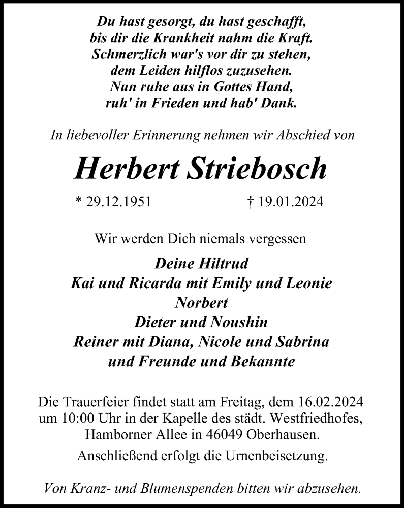  Traueranzeige für Herbert Striebosch vom 10.02.2024 aus Tageszeitung