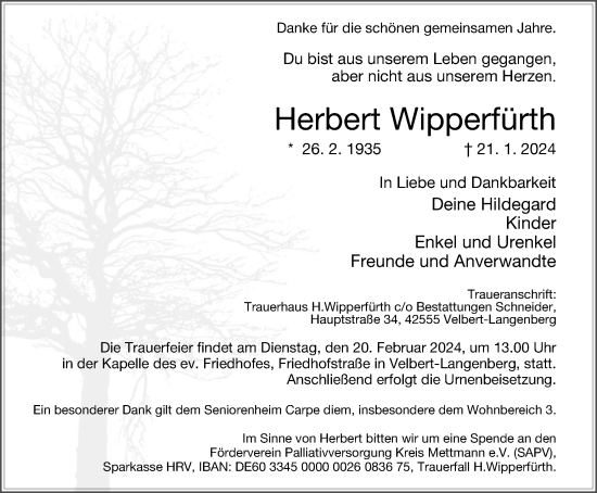 Traueranzeige von Herbert Wipperfürth von Tageszeitung