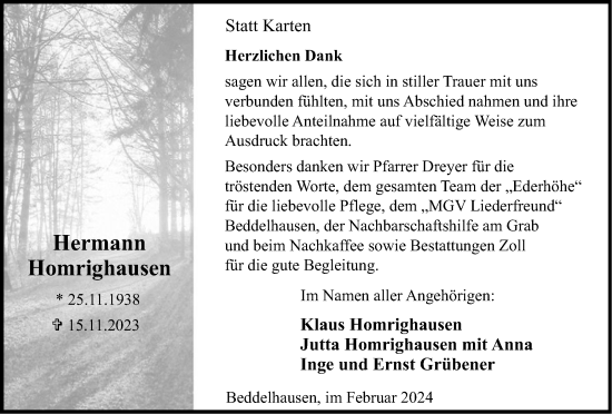 Traueranzeige von Hermann Homrighausen von Tageszeitung