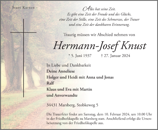 Traueranzeige von Hermann-Josef Knust von Tageszeitung