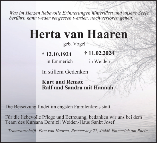 Traueranzeige von Herta van Haaren von Tageszeitung