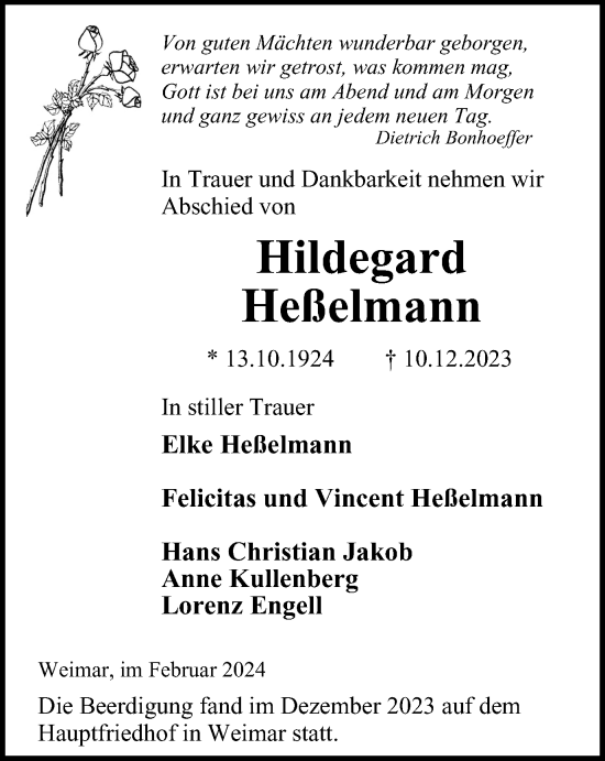Traueranzeige von Hildegard Heßelmann von Tageszeitung