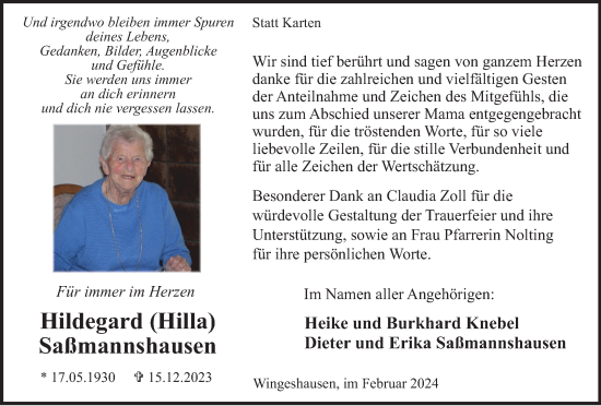Traueranzeige von Hildegard Saßmannshausen von Tageszeitung