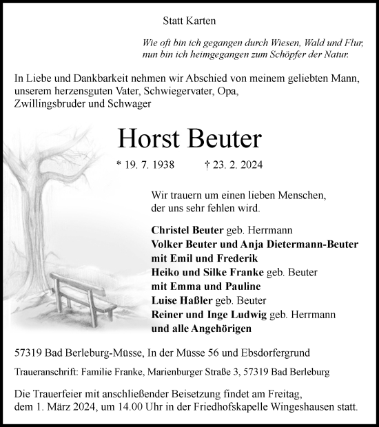 Traueranzeige von Horst Beuter von Tageszeitung