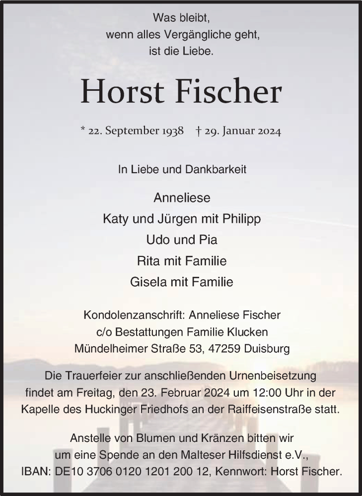  Traueranzeige für Horst Fischer vom 17.02.2024 aus Tageszeitung