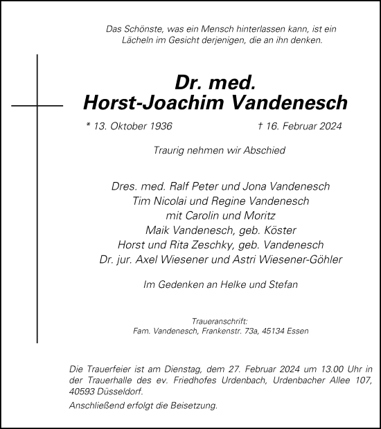 Traueranzeige von Horst-Joachim Vandenesch von Tageszeitung