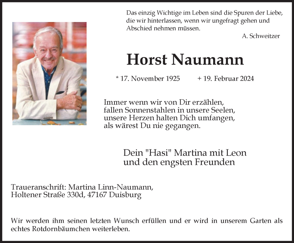  Traueranzeige für Horst Naumann vom 24.02.2024 aus Tageszeitung