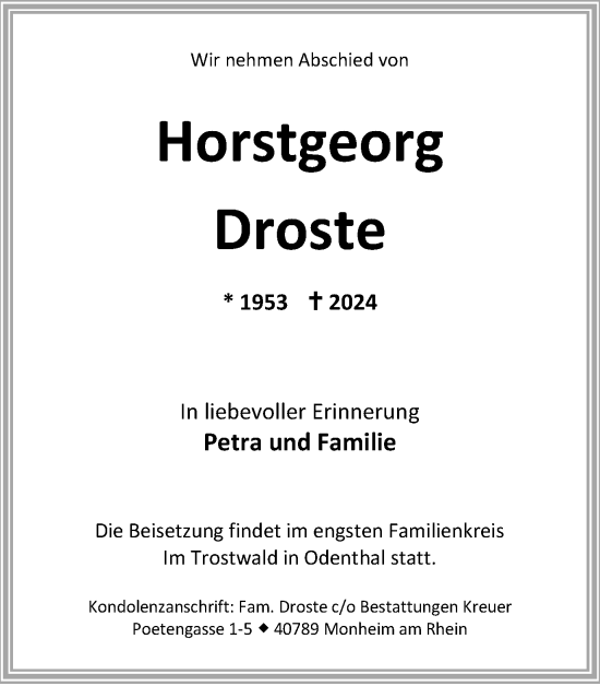 Traueranzeige von Horstgeorg Droste von Tageszeitung