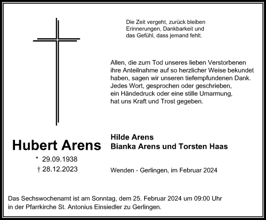 Traueranzeige von Hubert Arens von Tageszeitung
