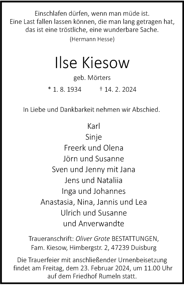  Traueranzeige für Ilse Kiesow vom 21.02.2024 aus Tageszeitung