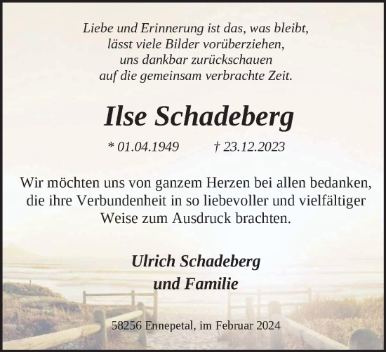 Traueranzeige von Ilse Schadeberg von Tageszeitung
