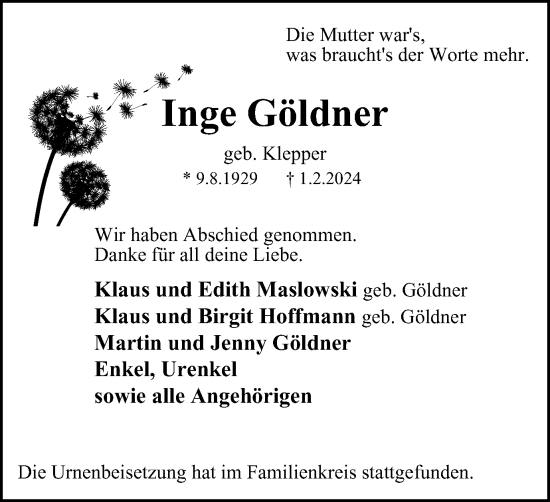 Traueranzeige von Inge Göldner von Tageszeitung