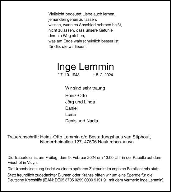 Traueranzeige von Inge Lemmin von Tageszeitung