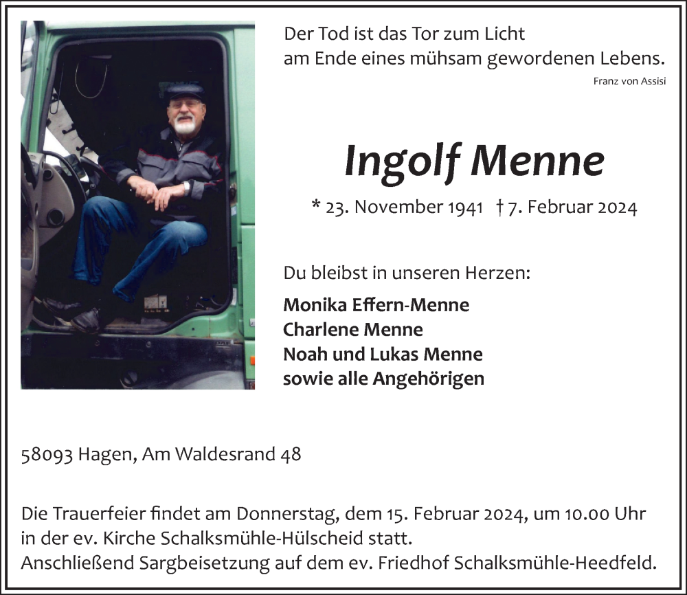  Traueranzeige für Ingolf Menne vom 10.02.2024 aus Tageszeitung