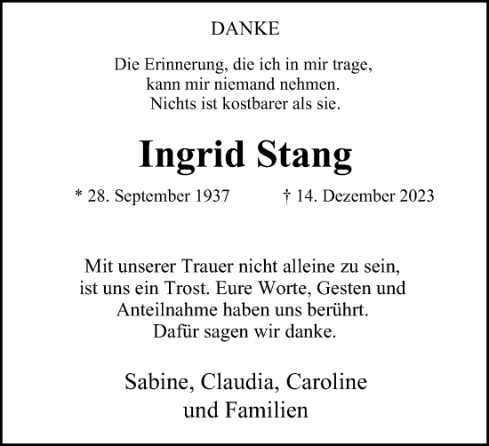 Traueranzeige von Ingrid Stang von Tageszeitung