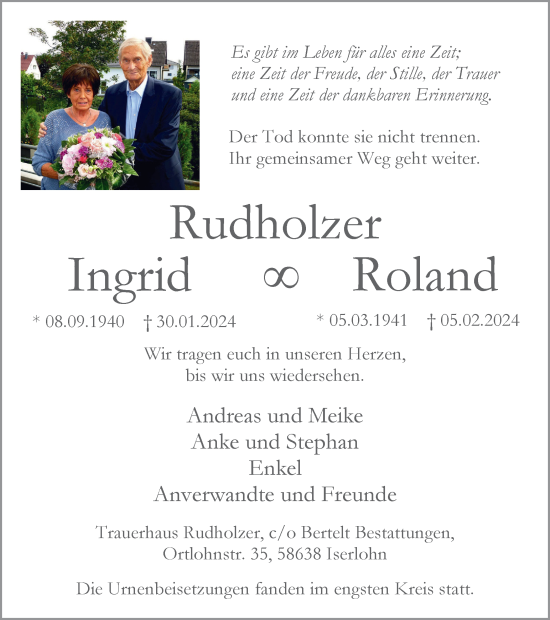 Traueranzeige von Ingrid und Roland Rudholzer von Tageszeitung