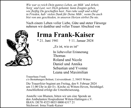 Traueranzeige von Irma Frank-Kaiser von Tageszeitung