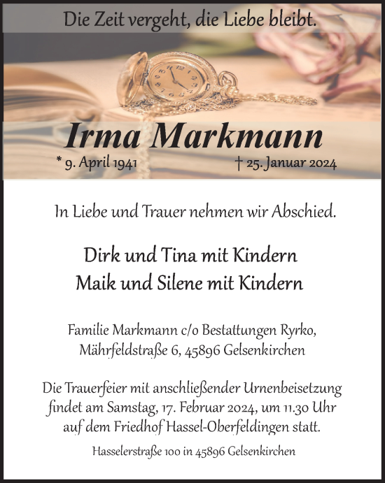 Traueranzeige von Irma Markmann von Tageszeitung