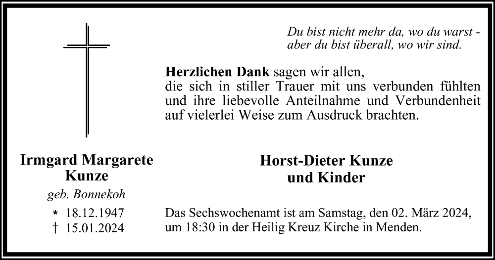  Traueranzeige für Irmgard Margarete Kunze vom 24.02.2024 aus Tageszeitung