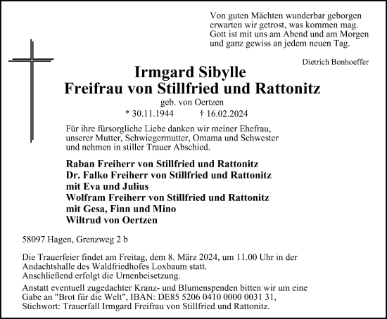 Traueranzeige von Irmgard Sibylle Freifrau von Stillfried und Rattonitz von Tageszeitung