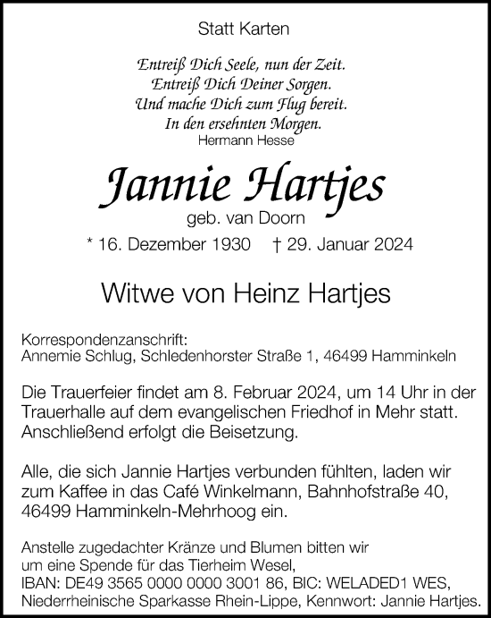 Traueranzeige von Jannie Hartjes von Tageszeitung