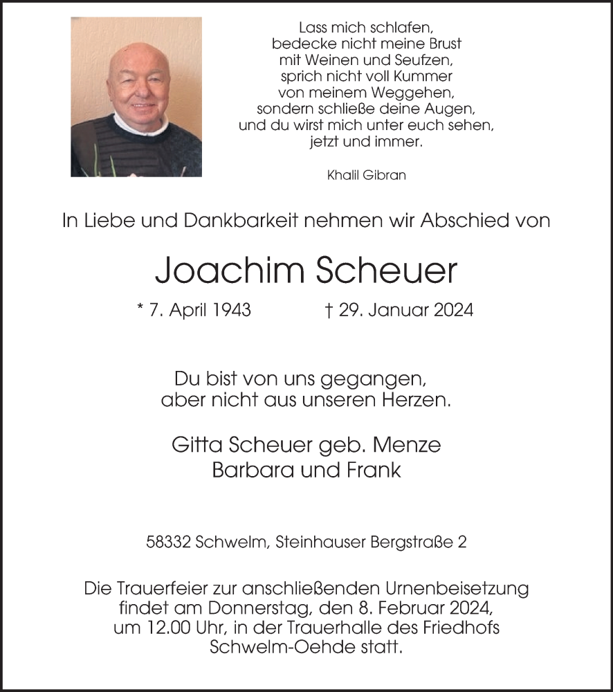  Traueranzeige für Joachim Scheuer vom 03.02.2024 aus Tageszeitung