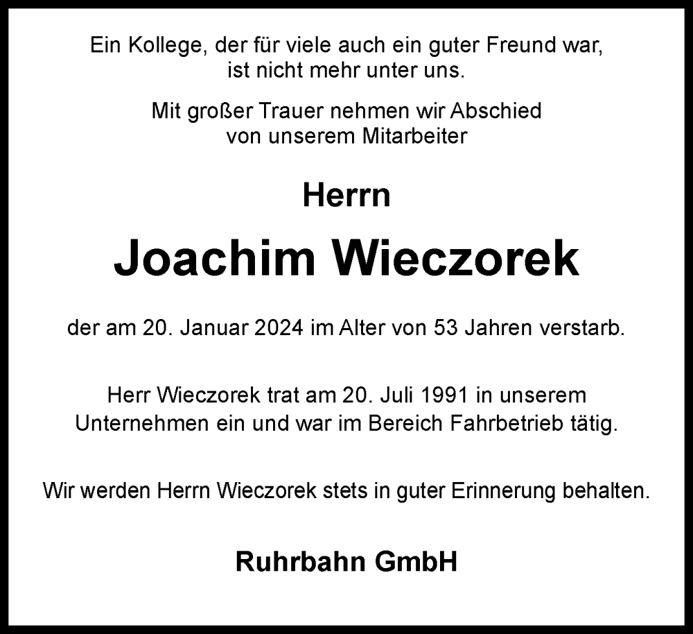  Traueranzeige für Joachim Wieczorek vom 03.02.2024 aus Tageszeitung