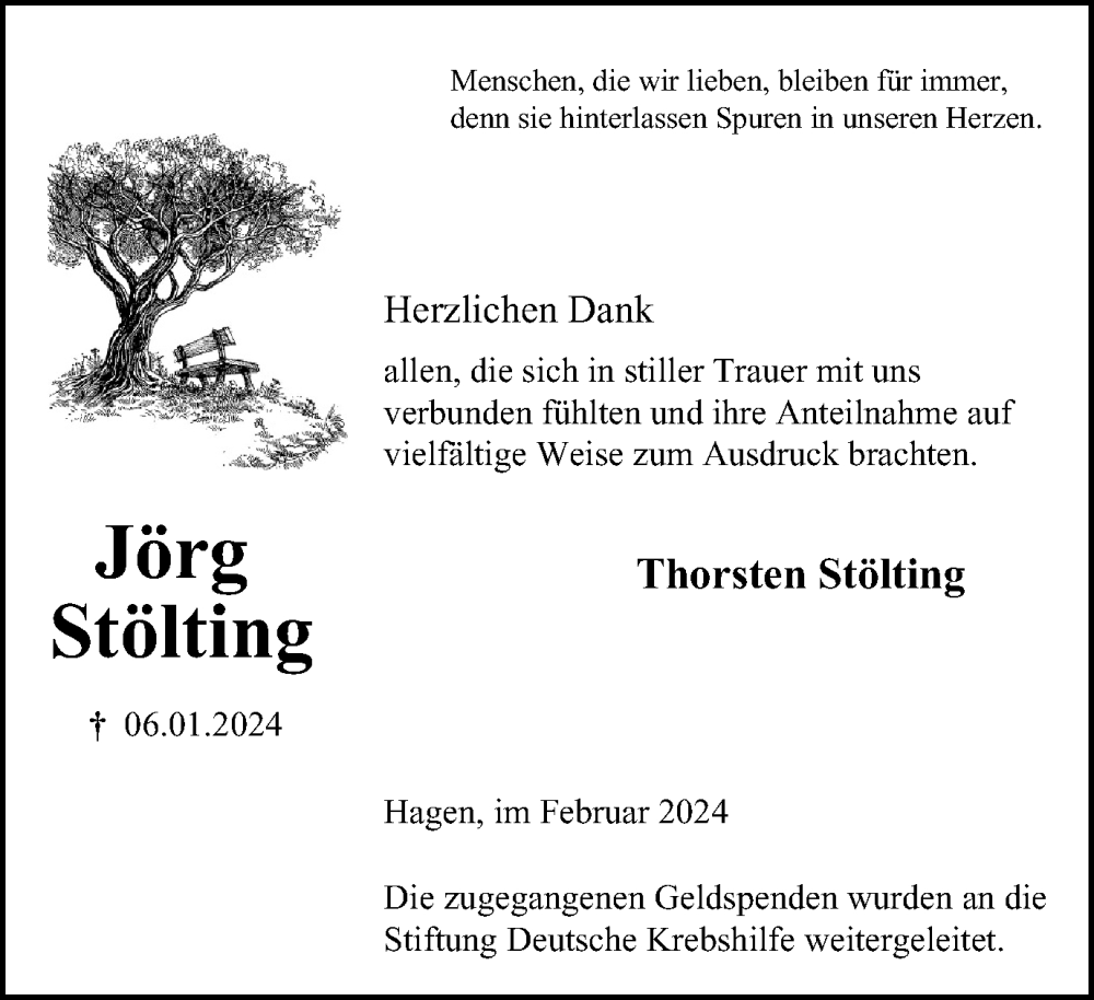  Traueranzeige für Jörg Stölting vom 17.02.2024 aus Tageszeitung