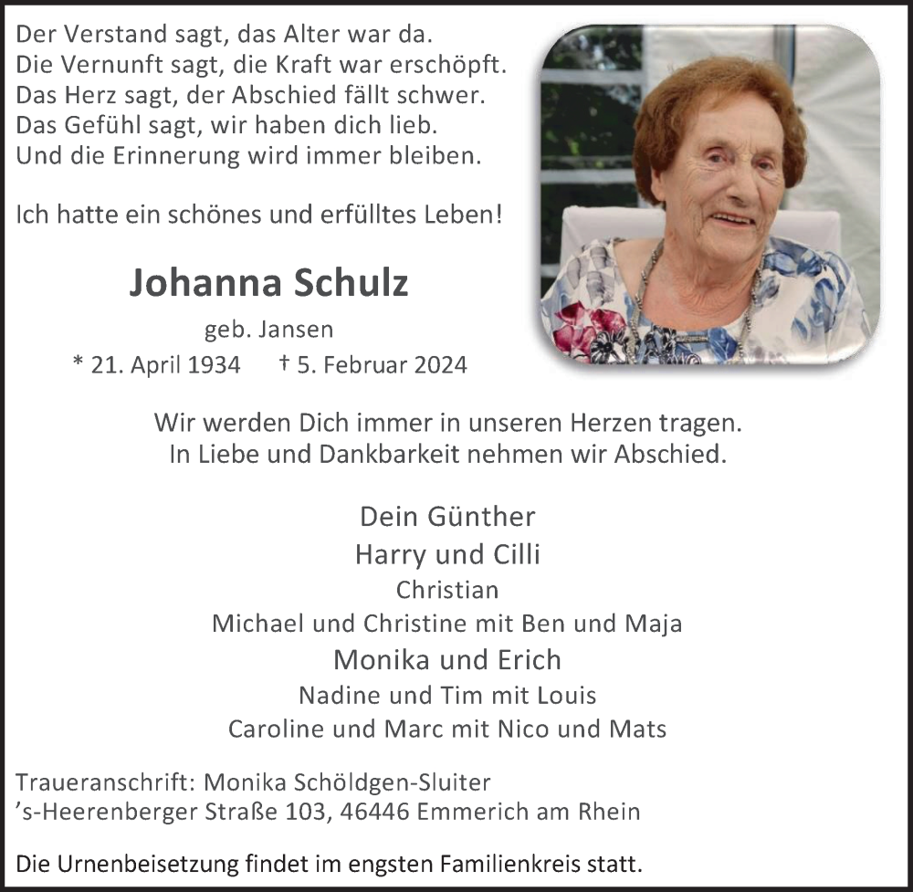 Traueranzeige für Johanna Schulz vom 24.02.2024 aus Tageszeitung
