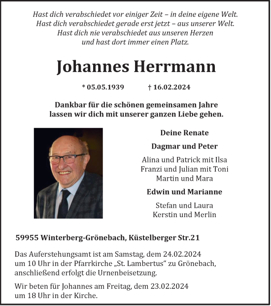 Traueranzeige von Johannes Herrmann von Tageszeitung
