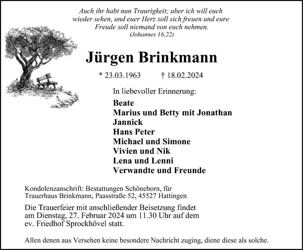  Traueranzeige für Jürgen Brinkmann vom 24.02.2024 aus Tageszeitung