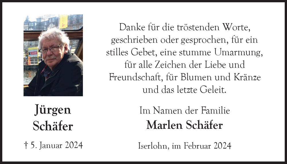  Traueranzeige für Jürgen Schäfer vom 24.02.2024 aus Tageszeitung