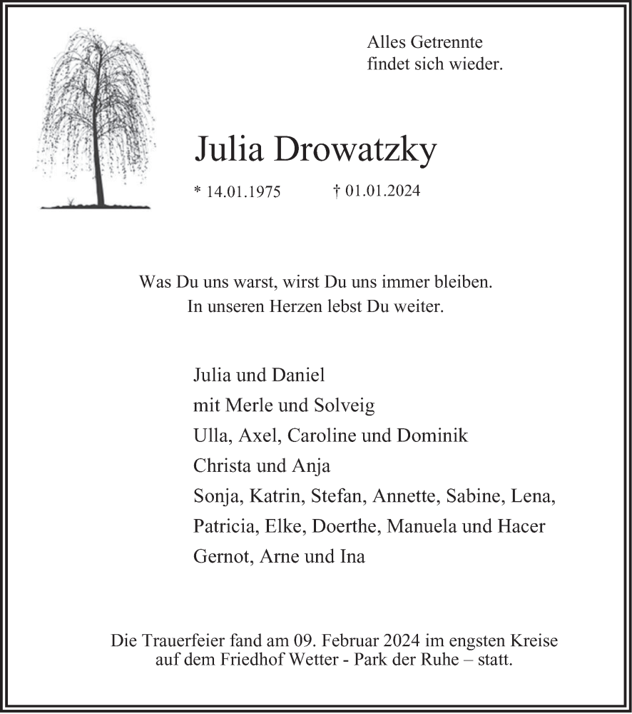  Traueranzeige für Julia Drowatzky vom 10.02.2024 aus Tageszeitung