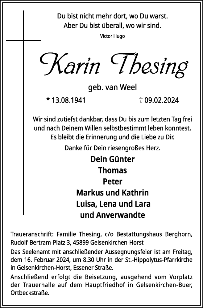  Traueranzeige für Karin Thesing vom 14.02.2024 aus Tageszeitung